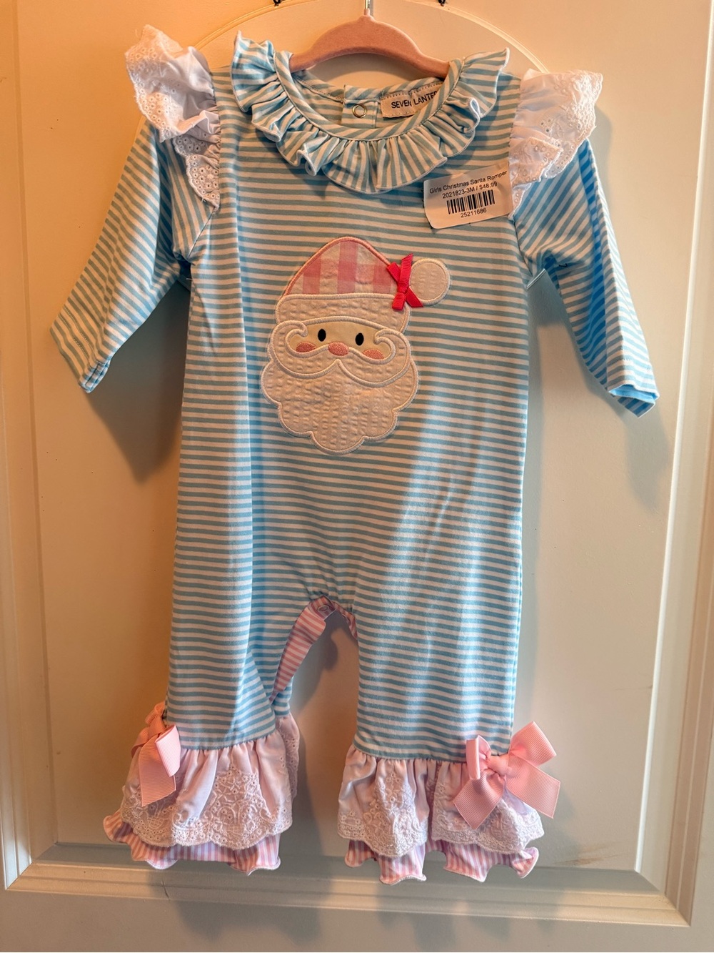NEW Boutique Seven Lantern Lane Blue Striped Santa Applique Ruffle One-Piece